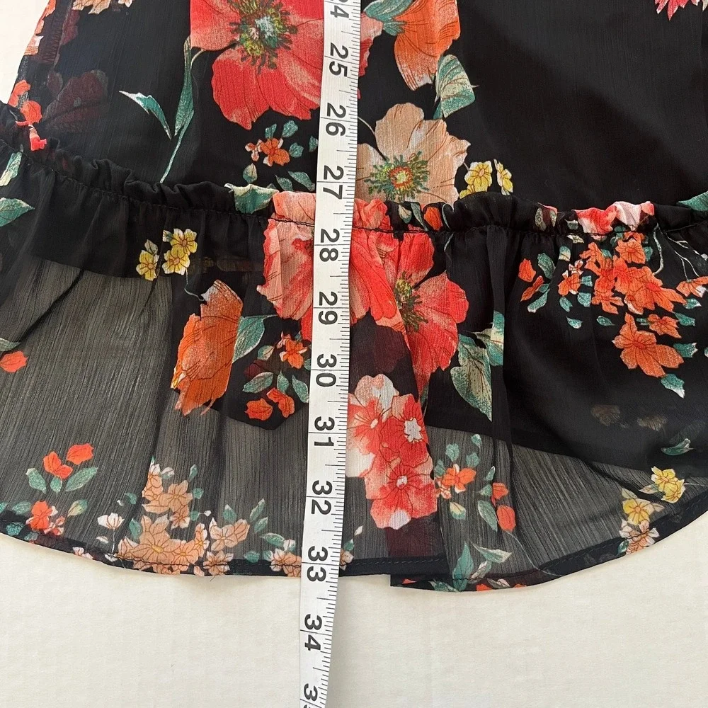 Floral Babydoll Mini Dress M Black Keyhole Bust Sheer Sleeve Boho Fairy Romantic